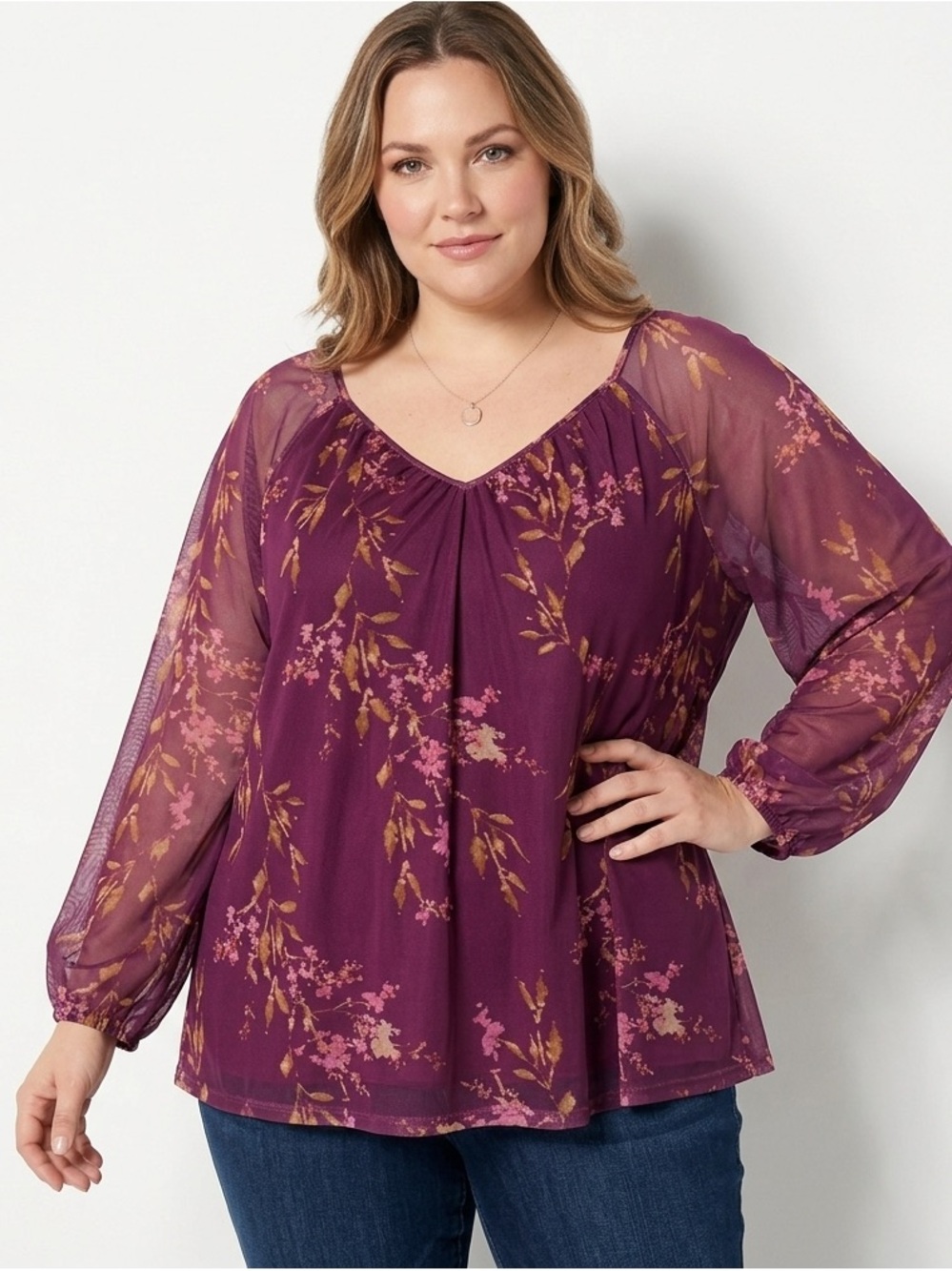 Terra & Sky Floral Mesh Overlay Blouse - Plus Size 3X (24W-26W) - Plum